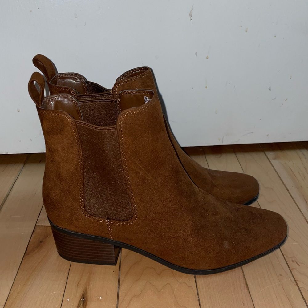 Brown suede ankle booties, never worn outside